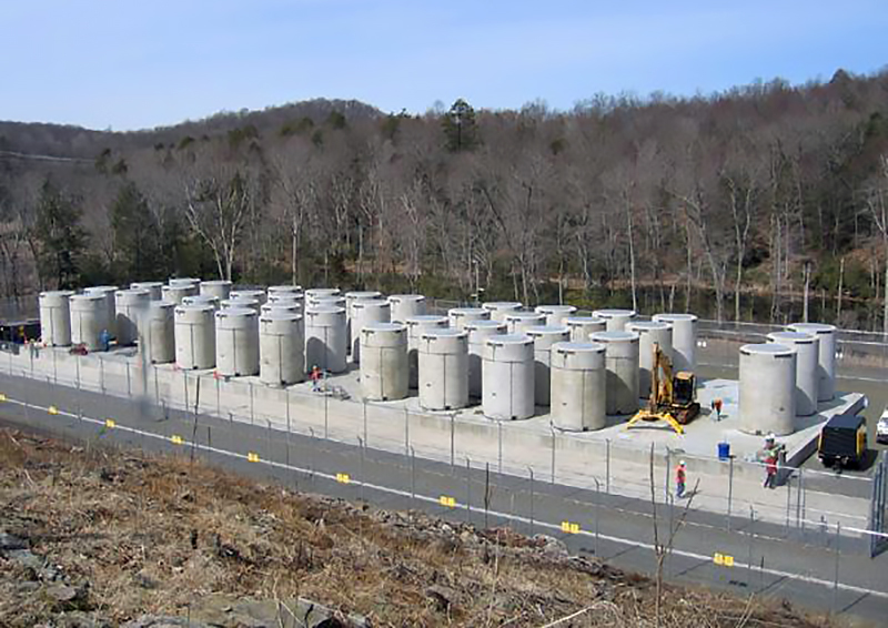 								 Hazardous and Vulnerable: With nowhere to put nuclear waste, spent fuel is stored at and near nuclear power plants. Here is a cask site for the CT Yankee plant. 		